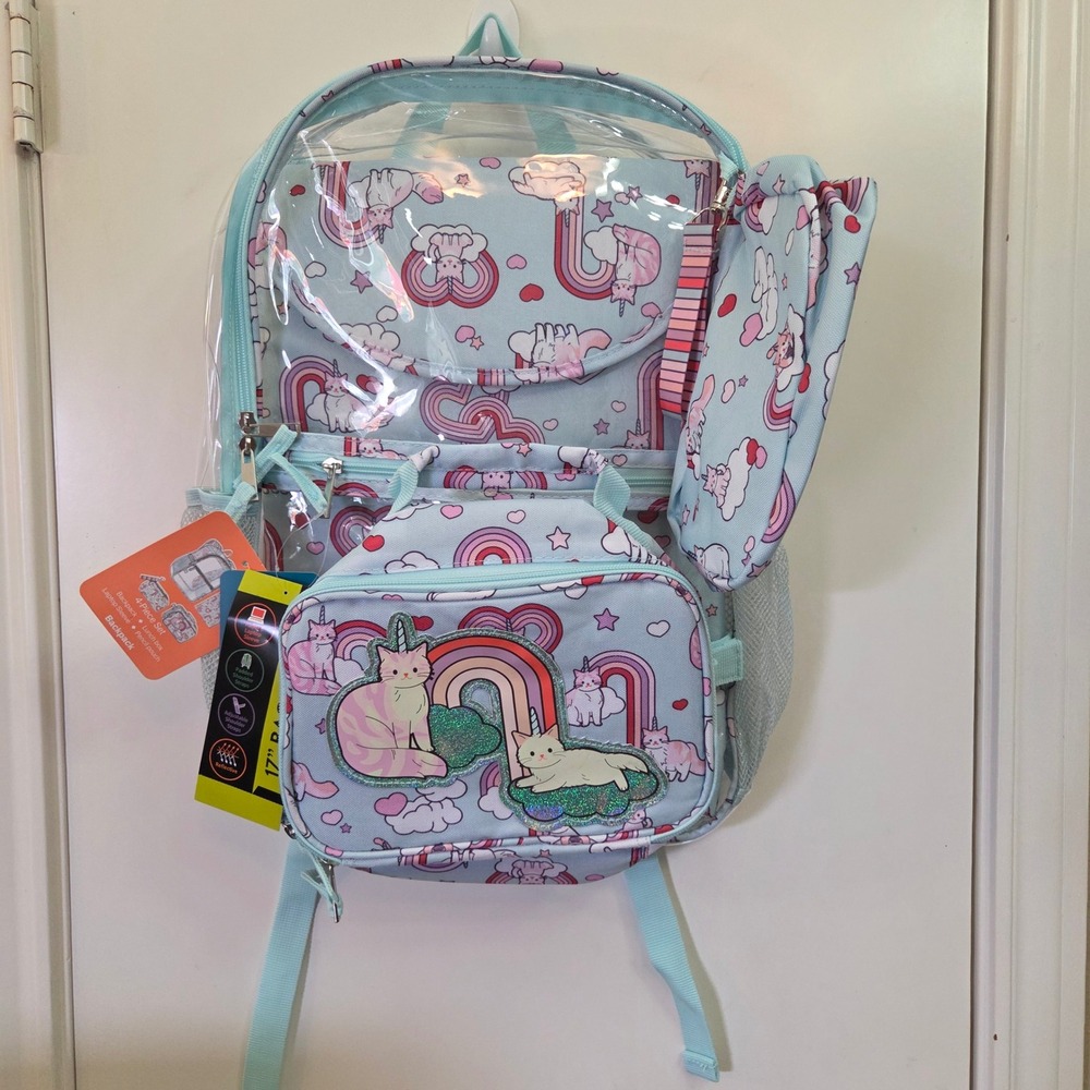 Wonder Nation 4-Piece Caticorn Rainbow Backpack Set 17 Inch Blue NEW